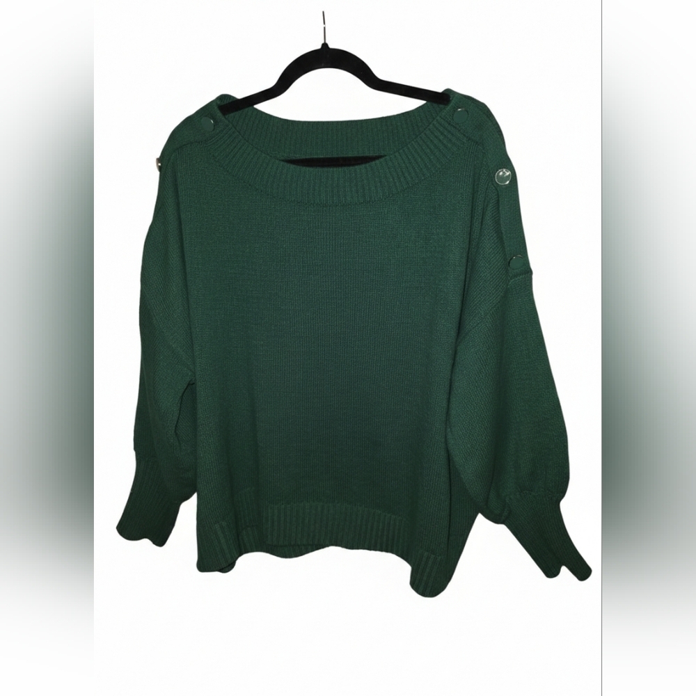 New York & Company Forest Green Crew Neck Sweater Button Detial, Cozy, Comfy, 2x
